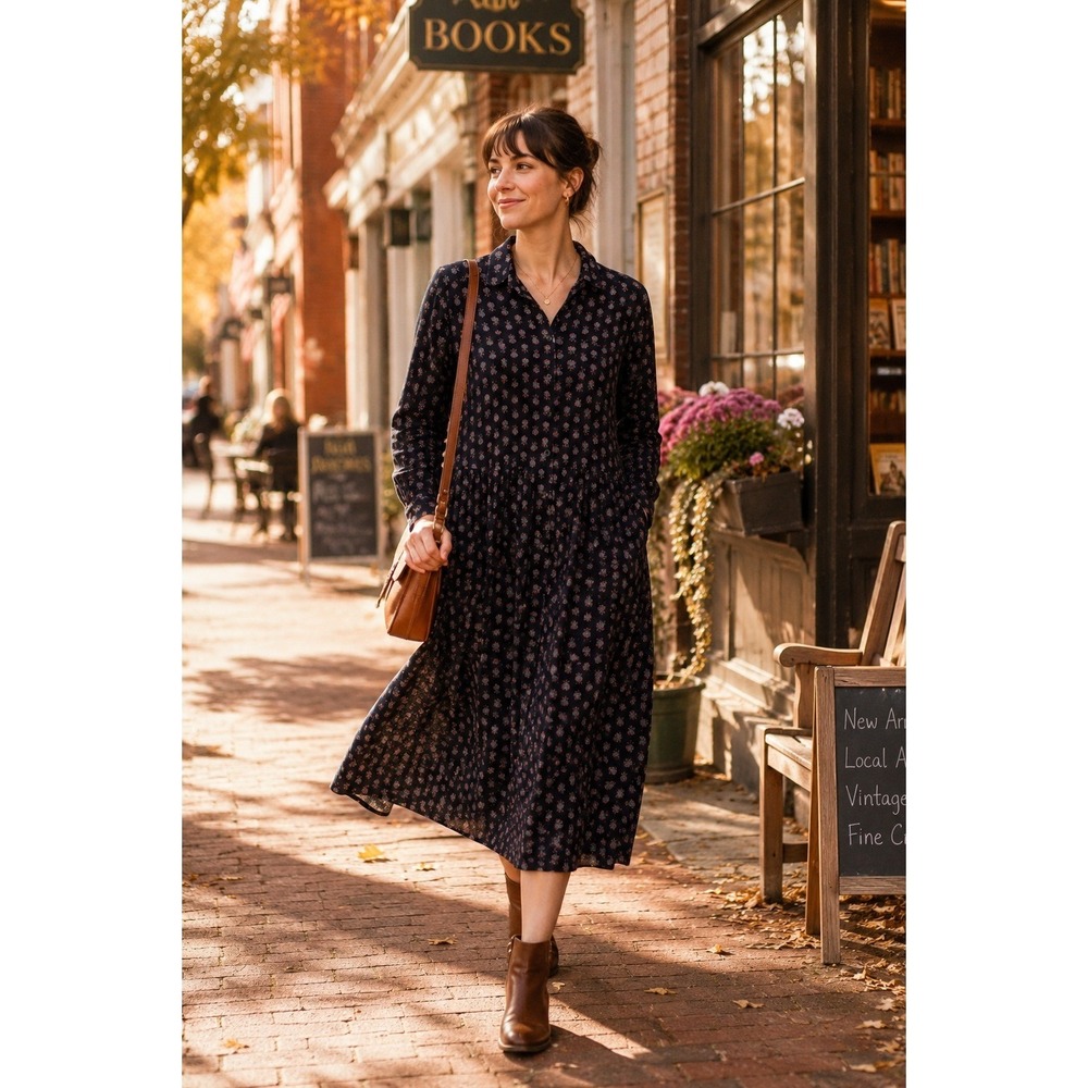 Eddie Bauer Vintage Black Floral Corduroy Shirt Dress Petite Large L Long Sleeve